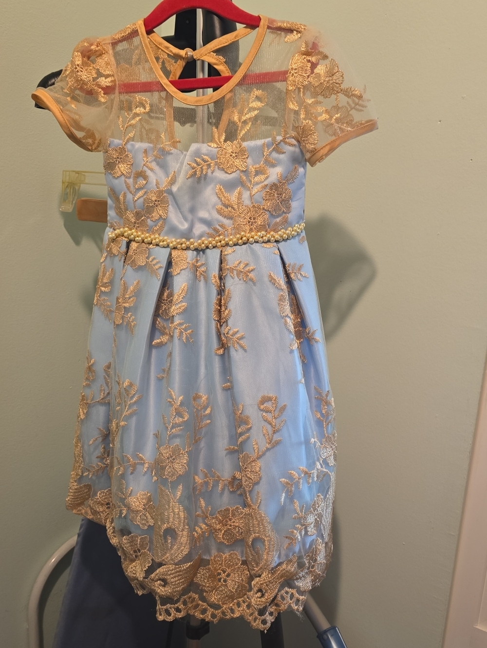Blue and Gold Embroidered Kids Dress with Pearl Waist, Size 4/5